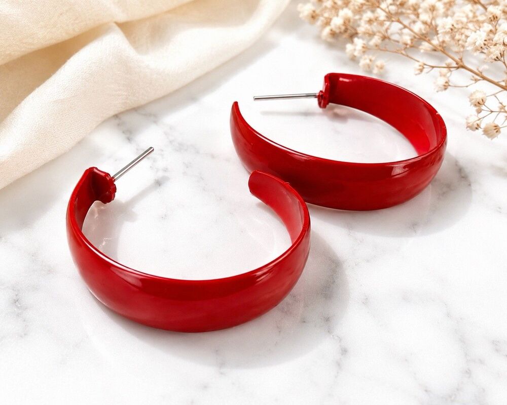 Vintage 1980s Cherry Red Enamel Hoop Earrings Wide Crescent Hoop Post Back Retro